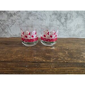 Vintage Christmas Teddy Bear Glass Mugs Set of 2 Red White Holiday Cocoa Cups